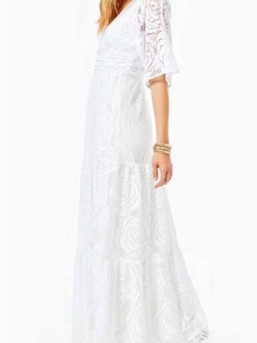 Lilly Pulitzer XS Parigi Maxi Dress White Rose Lace Bridal Engagement V Neck - Picture 6 of 14